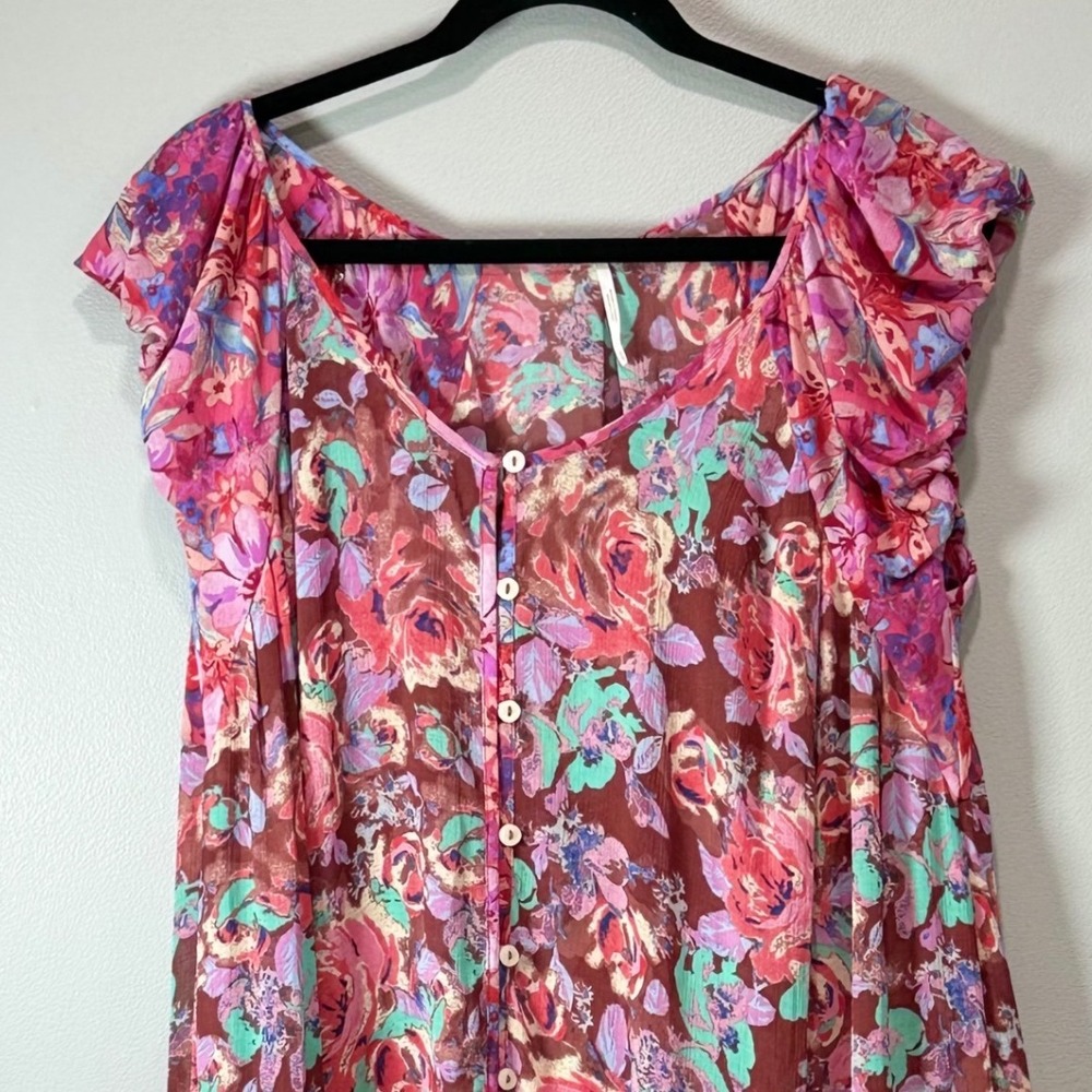 Free People woodington Floral Sheer Ruffle Mini Dress Pink sheer Womens XS - Picture 4 of 10